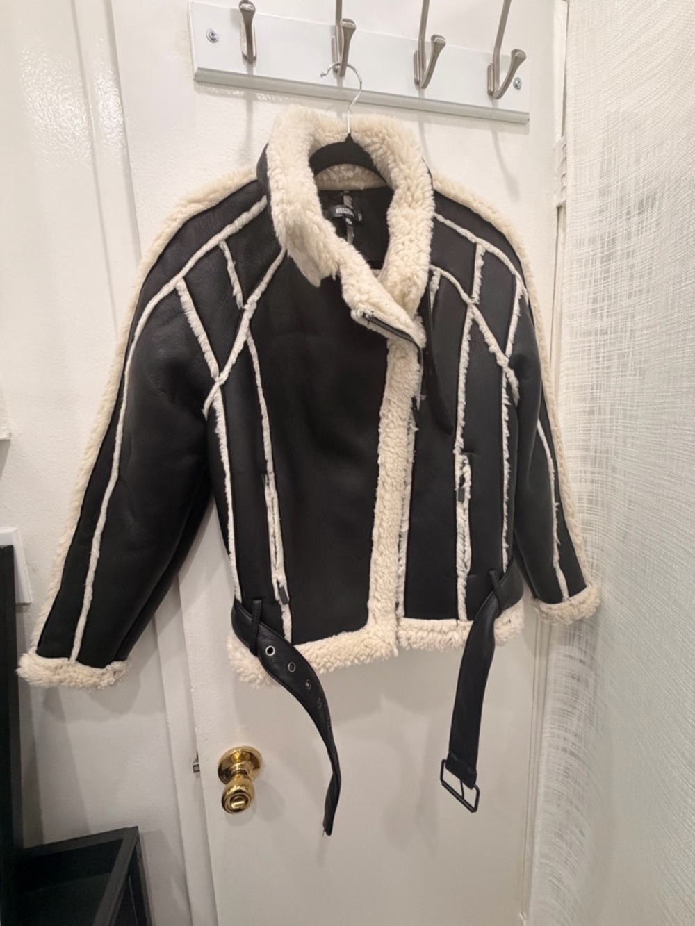 Missguided Black Faux Leather Teddy Jacket with Cream Shearling Trim